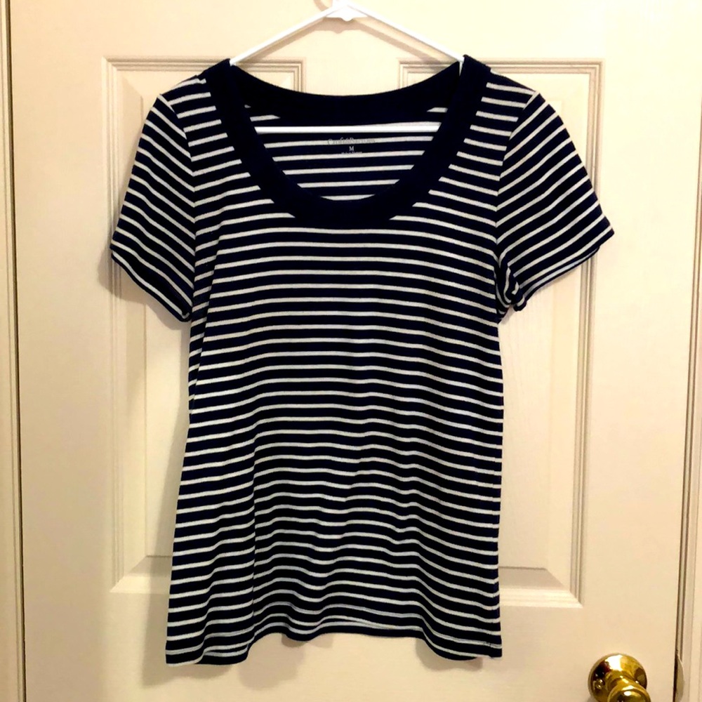 Navy and white striped scoop neck top